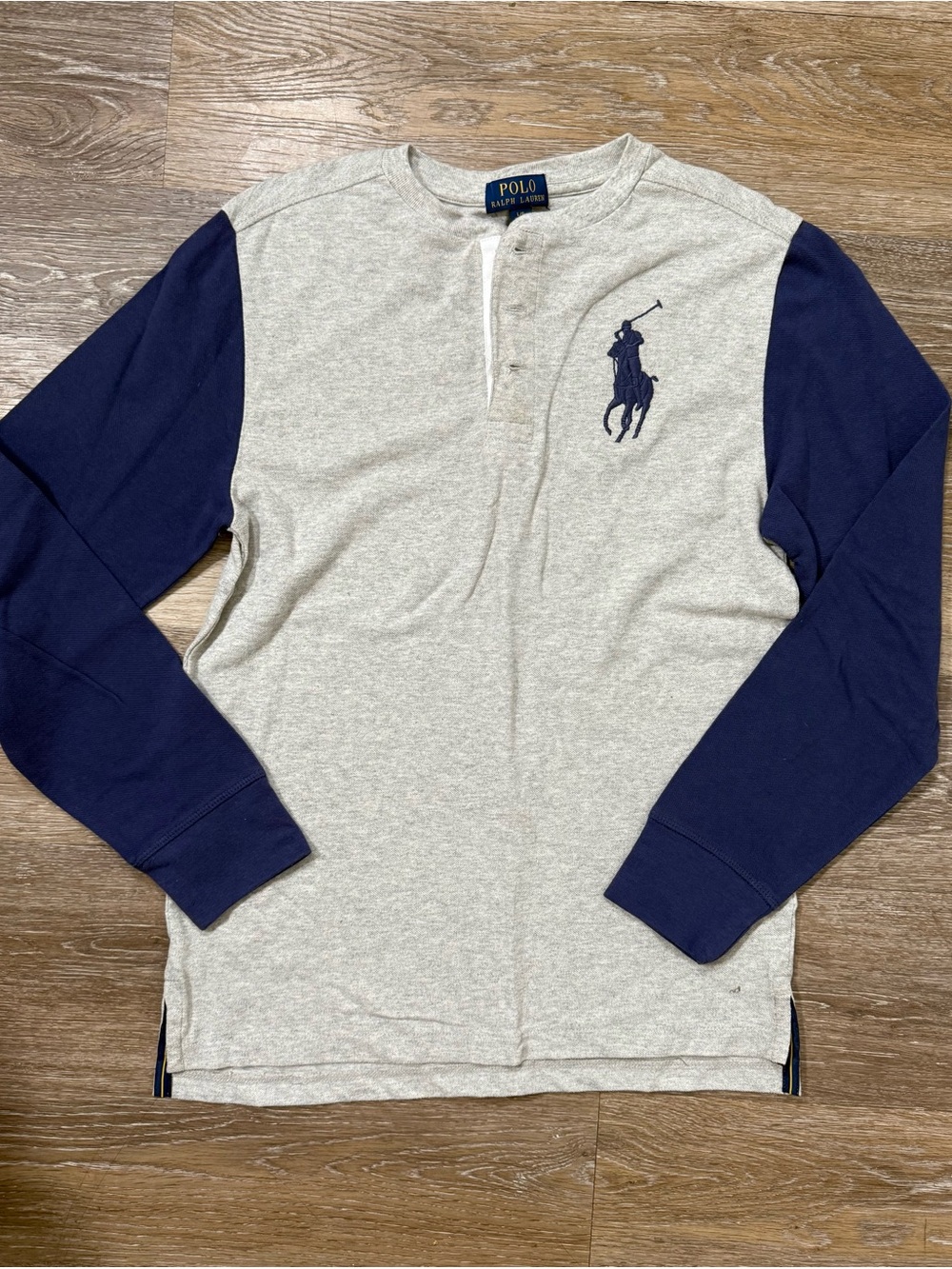 Ralph Lauren Heather Gray Body with Navy Sleeves Long-Sleeve Henley Tee